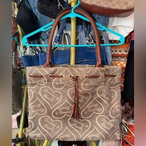Vintage Dooney & Bourke Heart Print Canvas Tote Bag Brown Leather Y2K